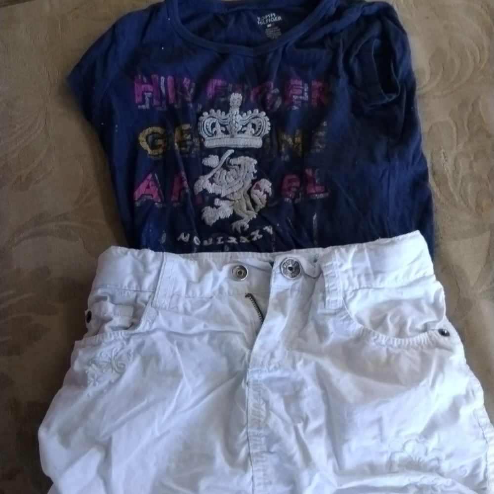 Little girls white childplace skirt with shorts under it and a navy-blue Tommy H